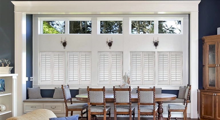 Virginia Beach great room with white plantation shutters.